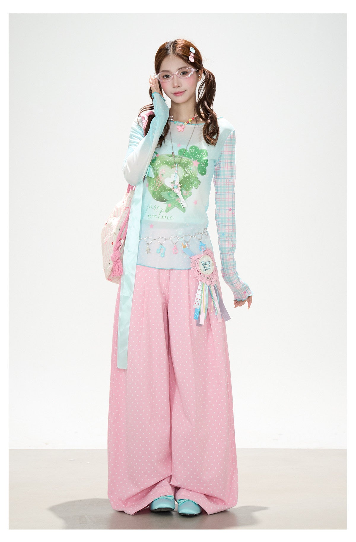 Apple Plaid Mesh Long Sleeve Top & Pink Polka Dot Wide Leg Pants