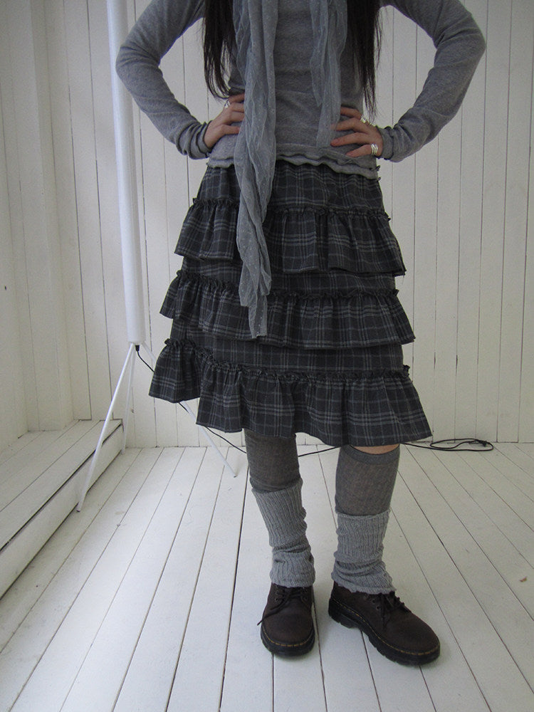Vintage Gray Plaid Tiered Ruffle Skirt