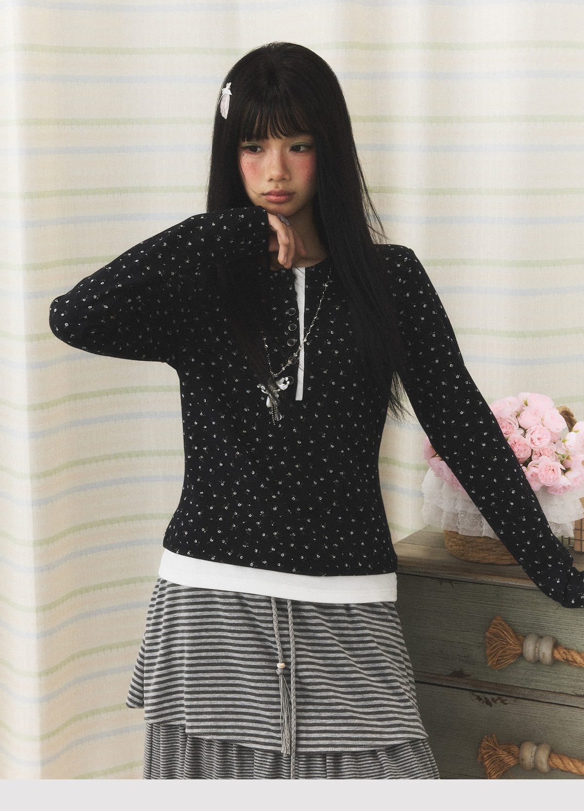 Floral Henley Faux-Layer Long Sleeve Top