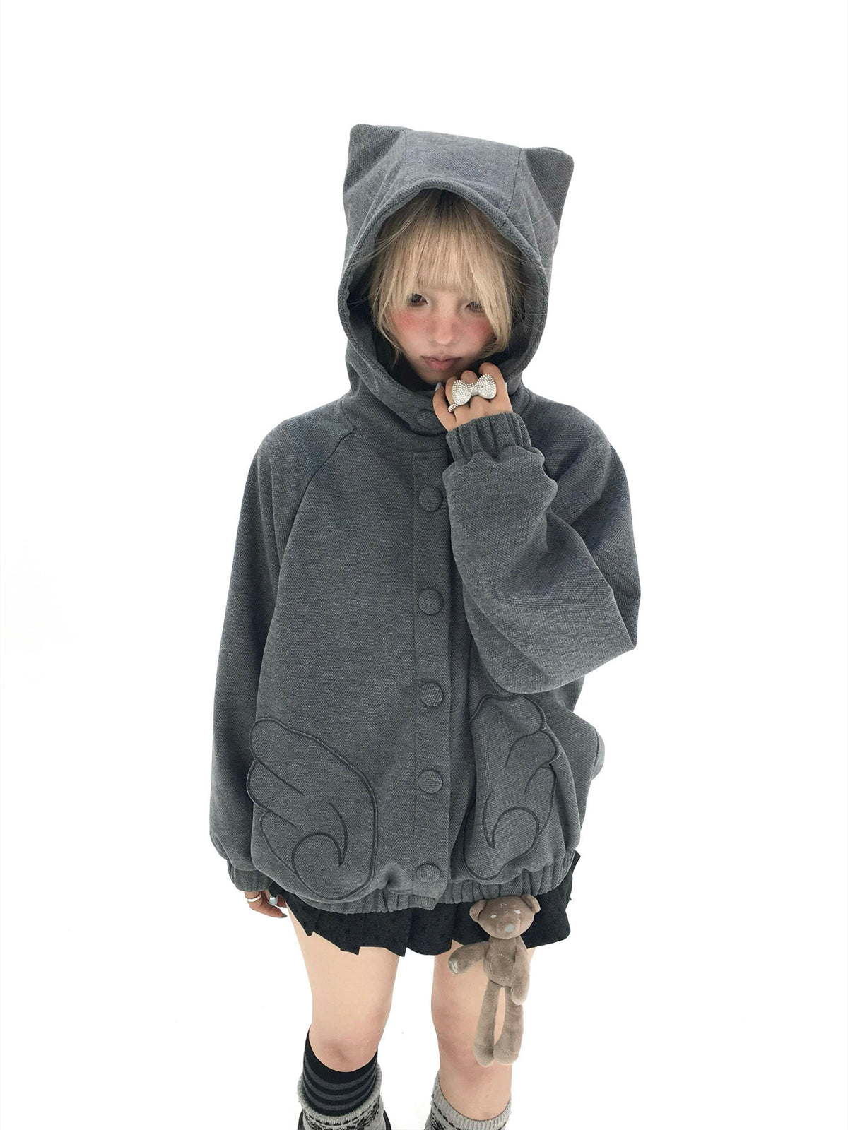 Cloud Gray Cat Ear Wing Pocket Hooded Jacket