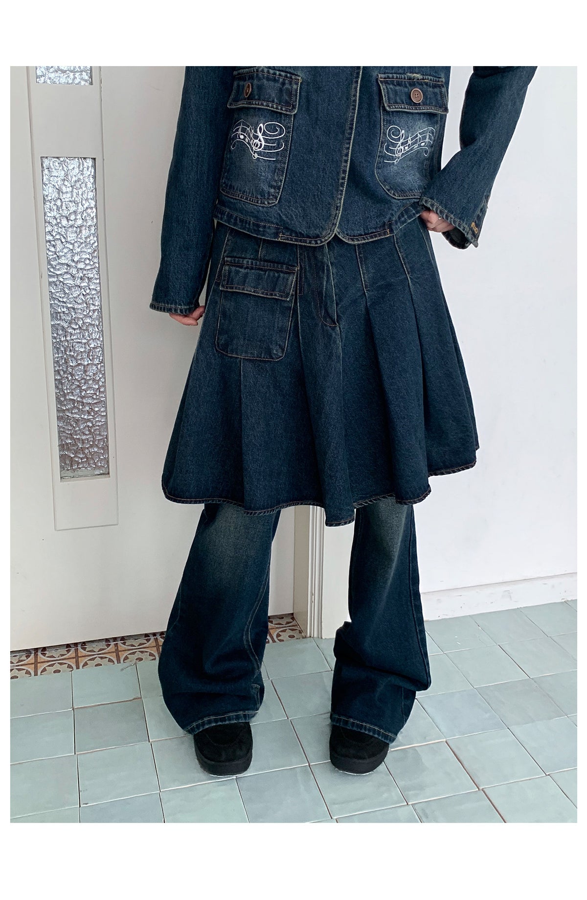 Washed Denim Utility Pleated Skirt