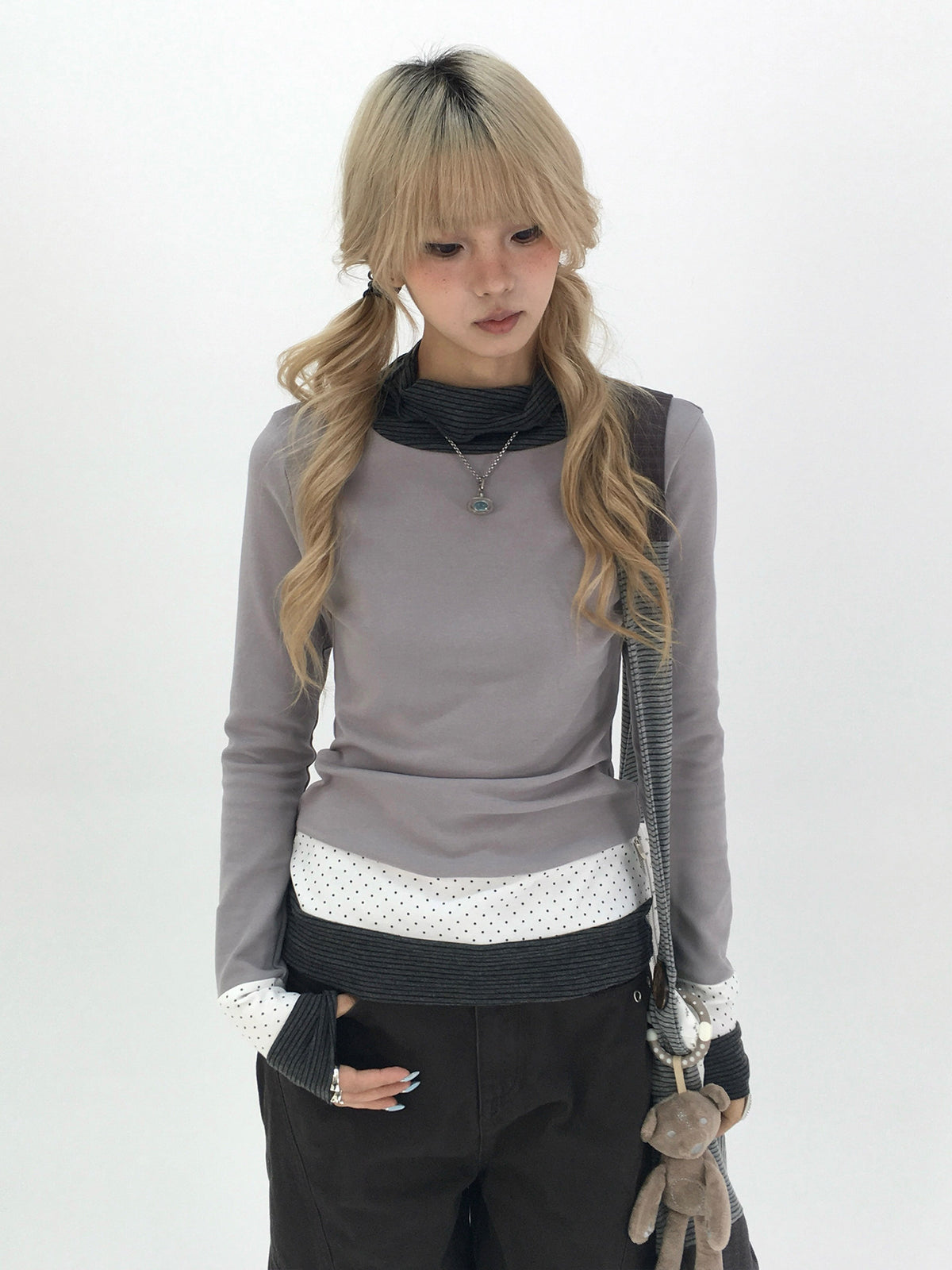 Mist Gray Polka Dot & Stripe Faux-Layer Long Sleeve Top