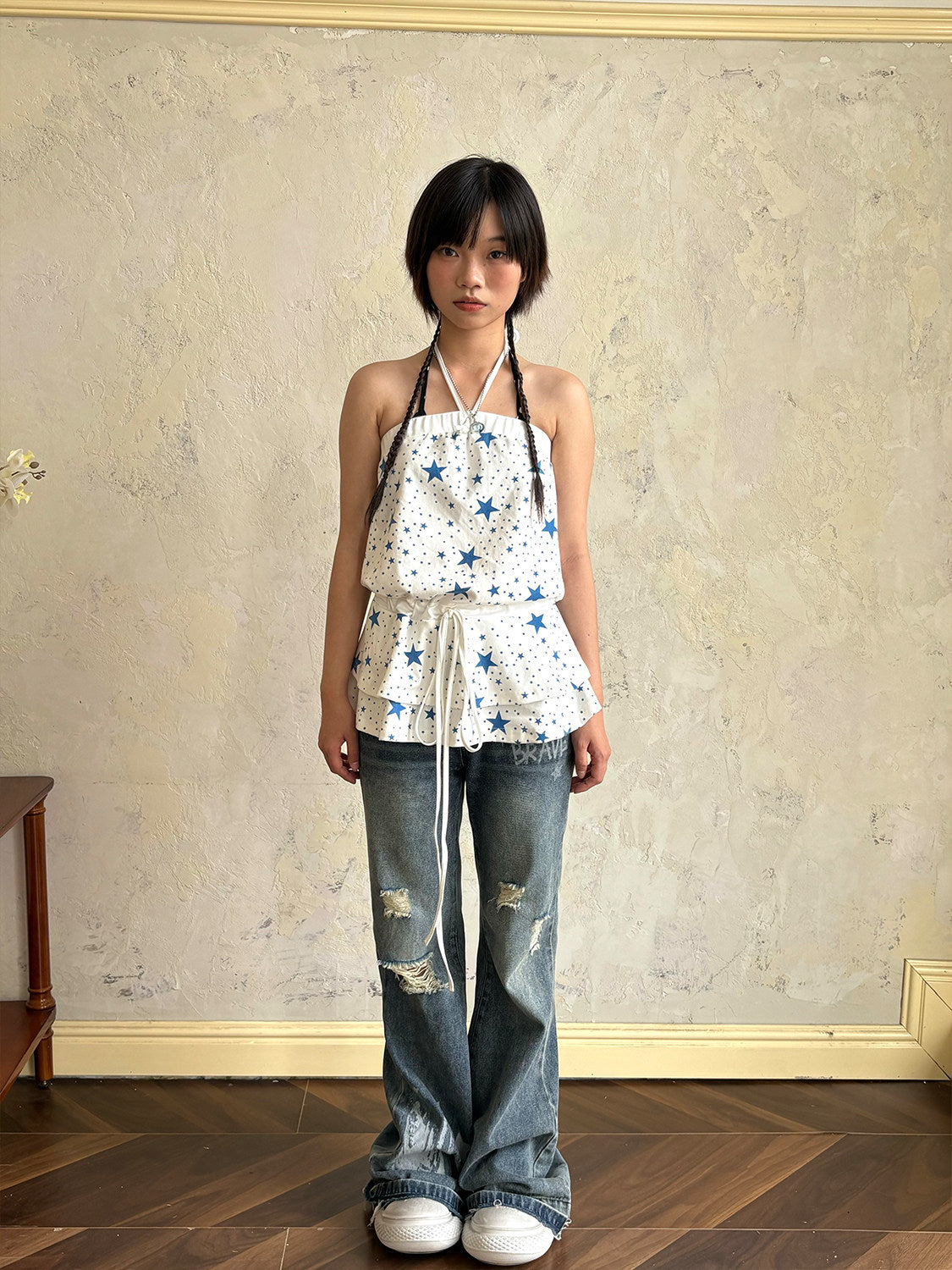 Blue Star Halter Ruffle-Hem Cami Top