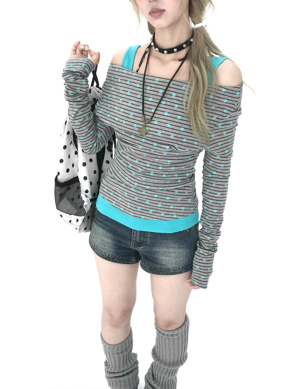 Polka Dot Asymmetric Layered Long Sleeve Top