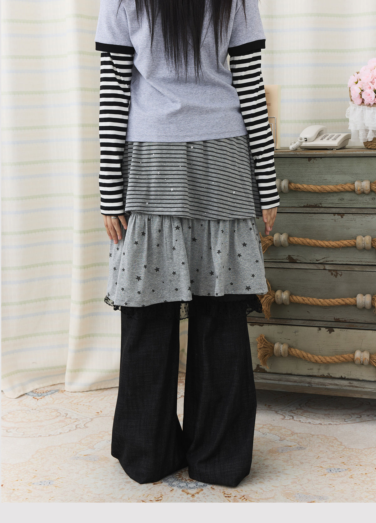 Star Stripe Layered Skirt Wide-Leg Pants
