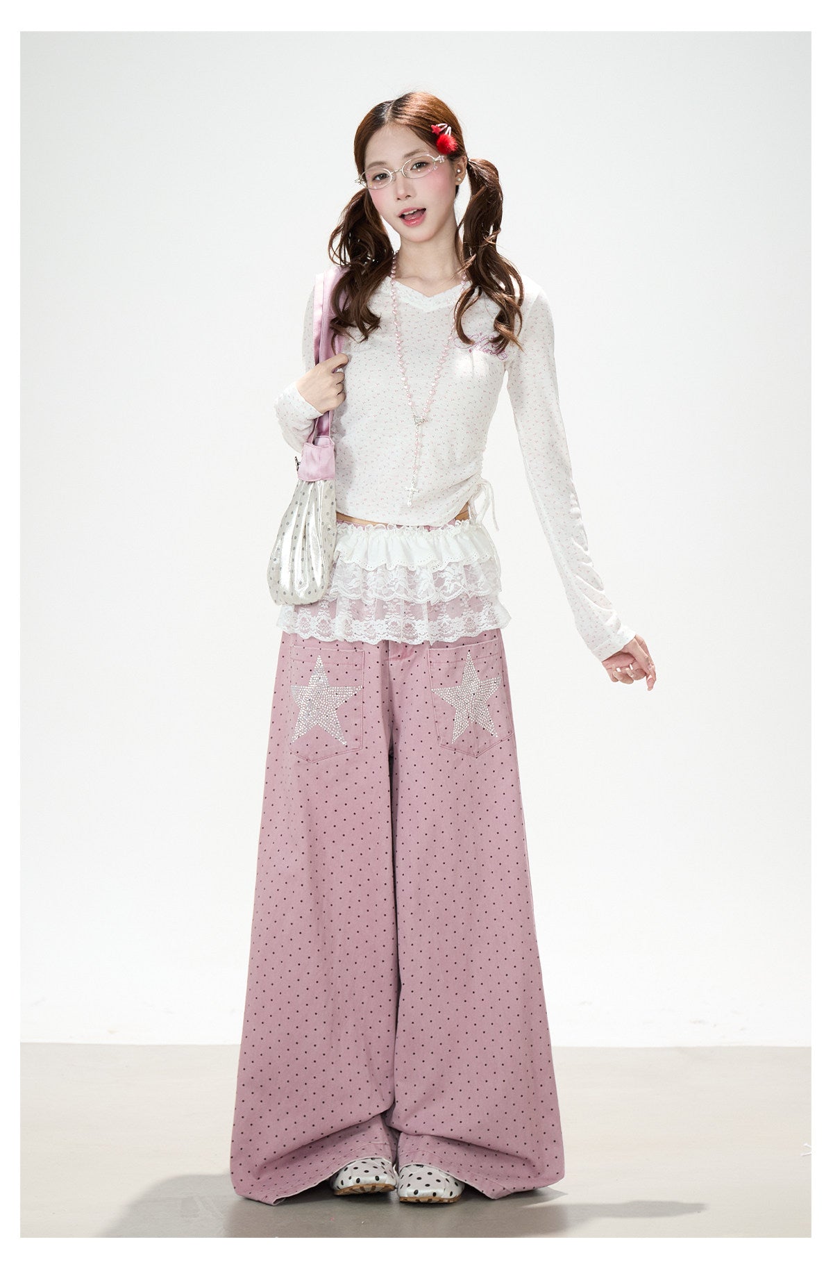 Star Rhinestone Polka Dot Wide-Leg Jeans