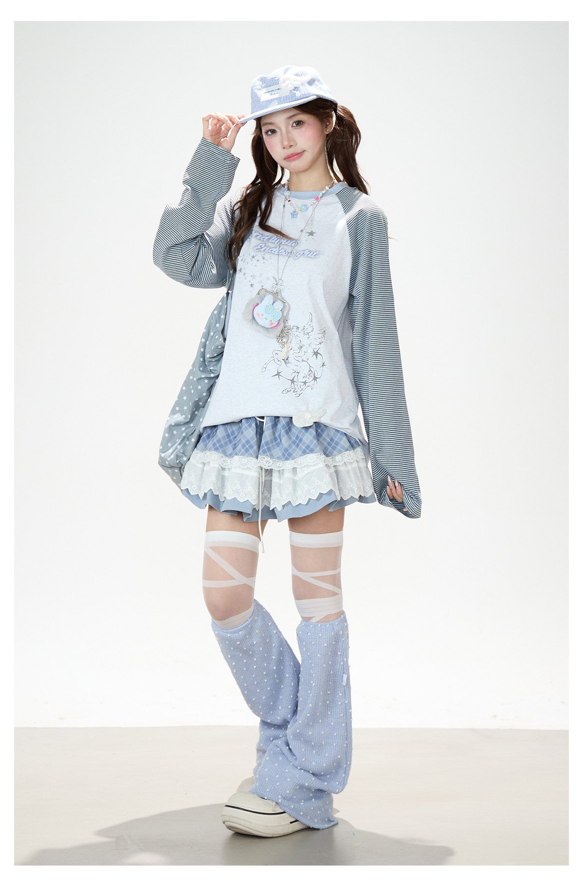 Striped Raglan Angel Graphic Long Sleeve Tee & Blue Plaid Lace Ruffle Skirt