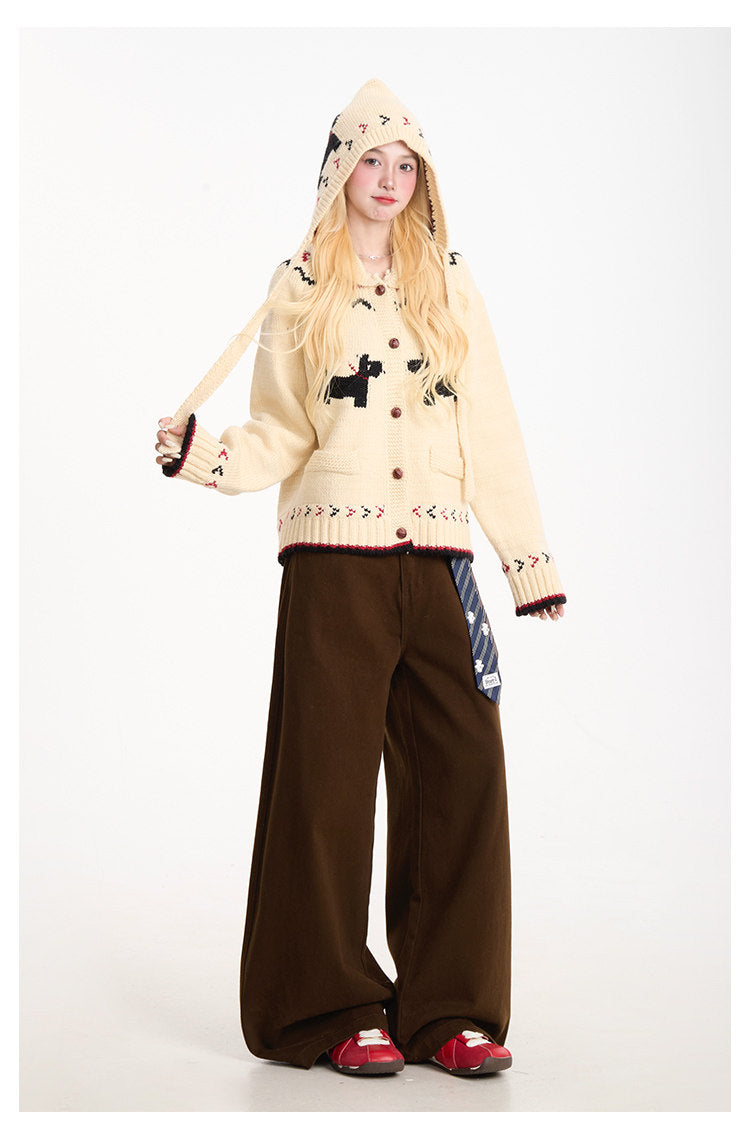 Curved-Leg Wide-Leg Pants with Detachable Tie