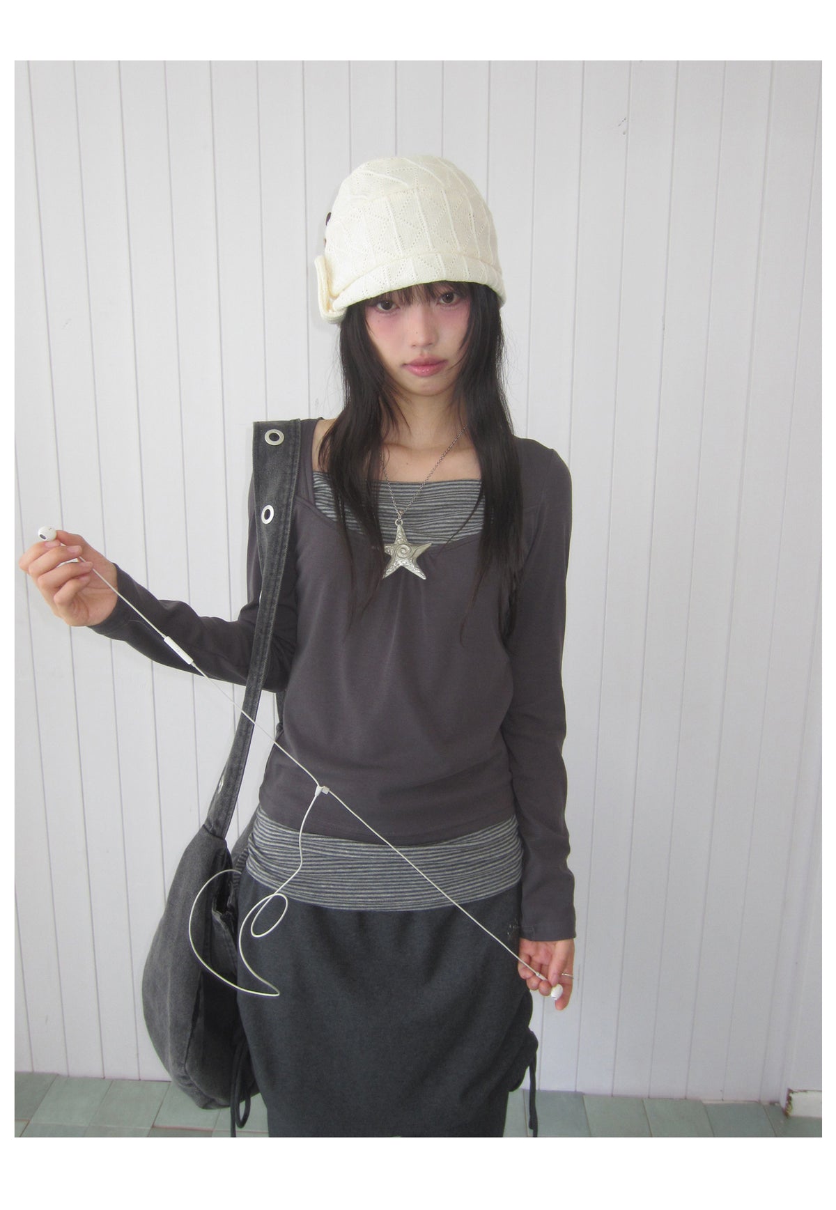Striped Square-Neck Faux-Layer Drawstring Long Sleeve Top