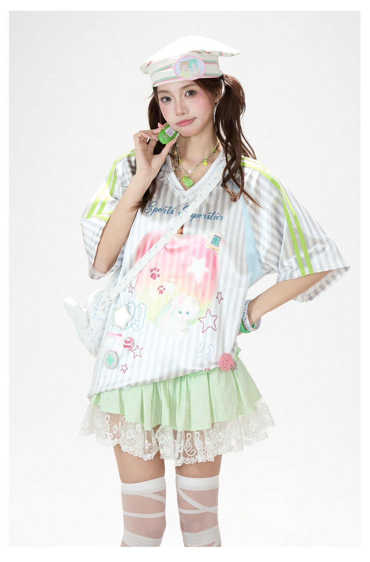 Striped Kitty Graphic V-Neck Tee & Layered Gingham Ruffle Skirt