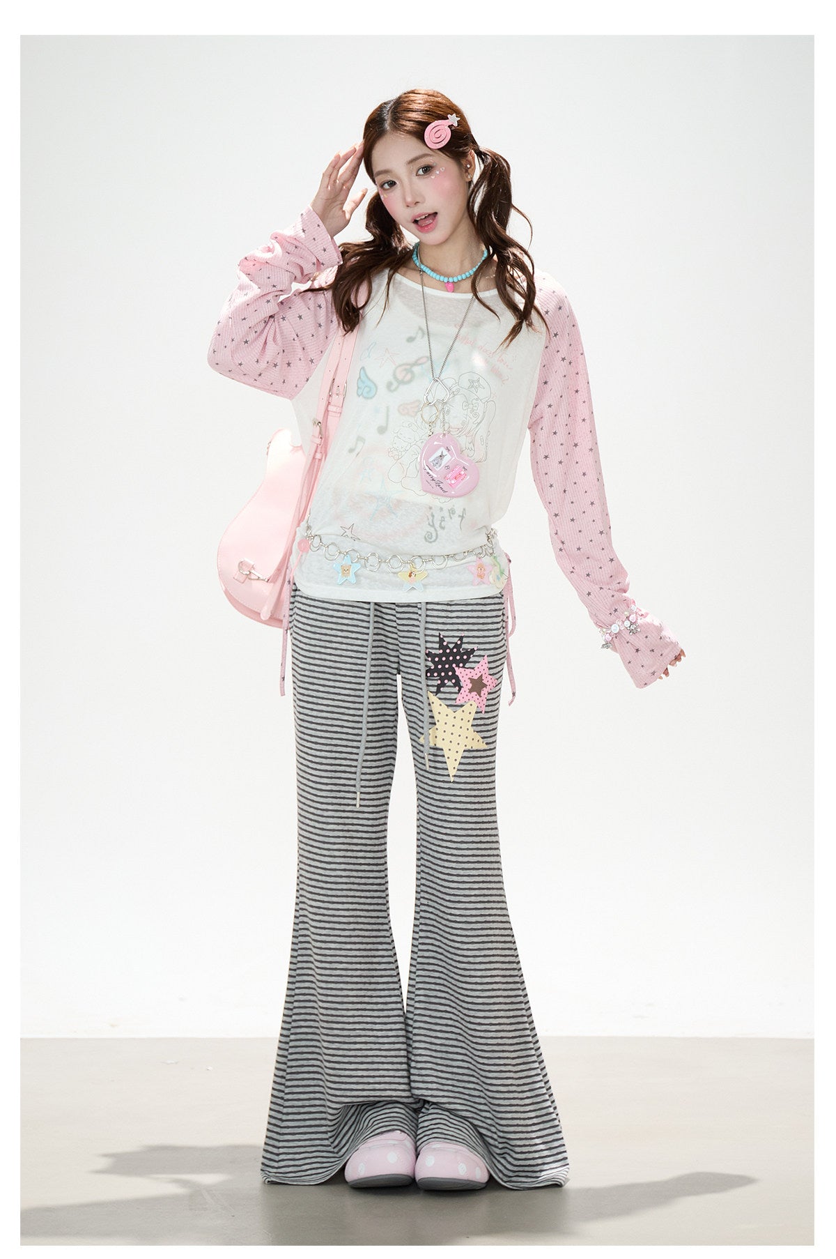 Dreamy Star Raglan Long Sleeve Top & Gray Striped Star Flare Pants