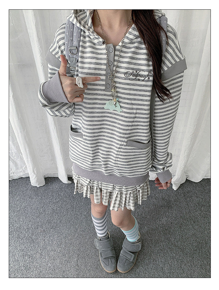 Striped Half-Placket Hooded Pullover