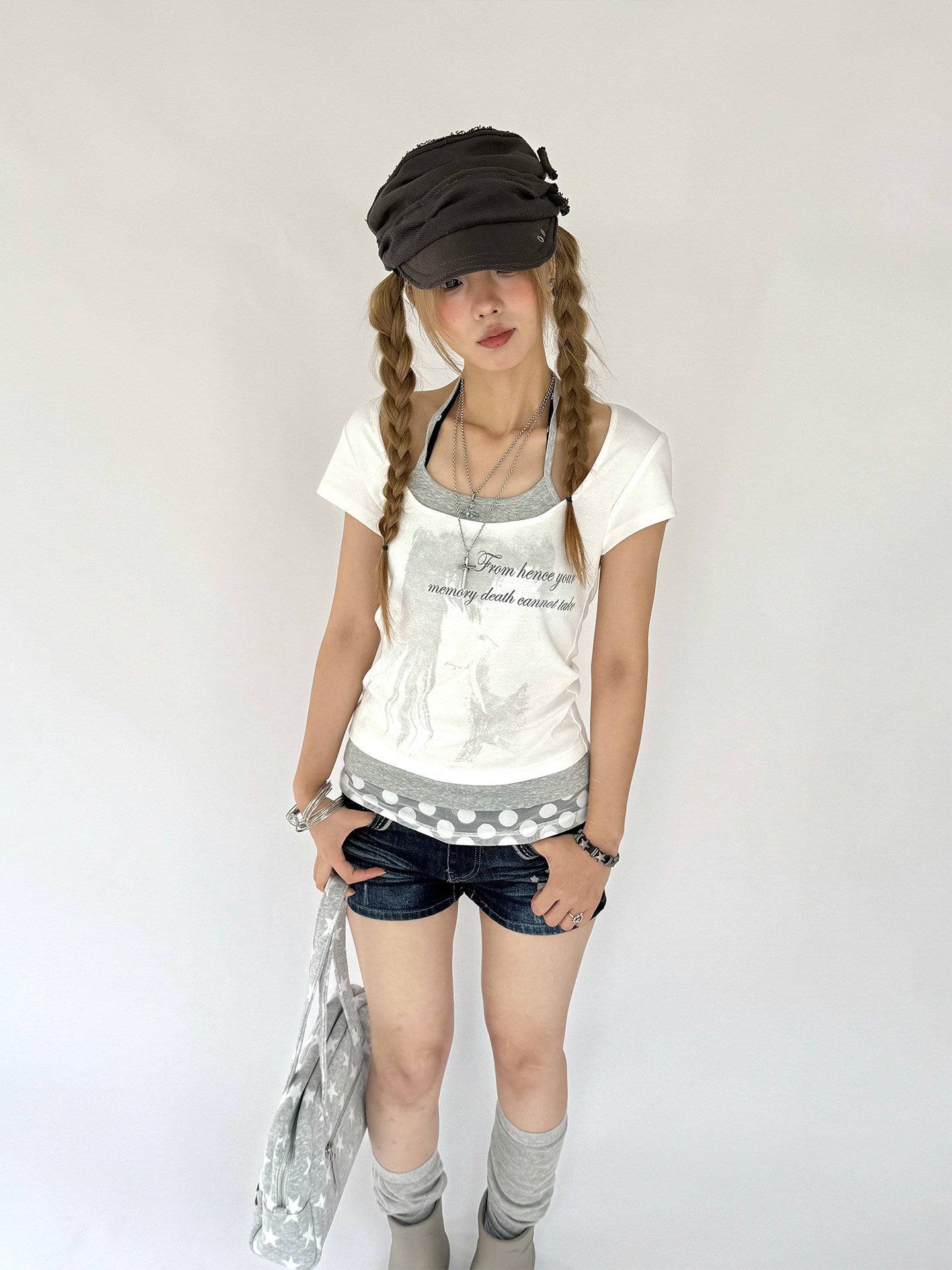 White Gardenia Faux-Layer Halter Graphic Tee
