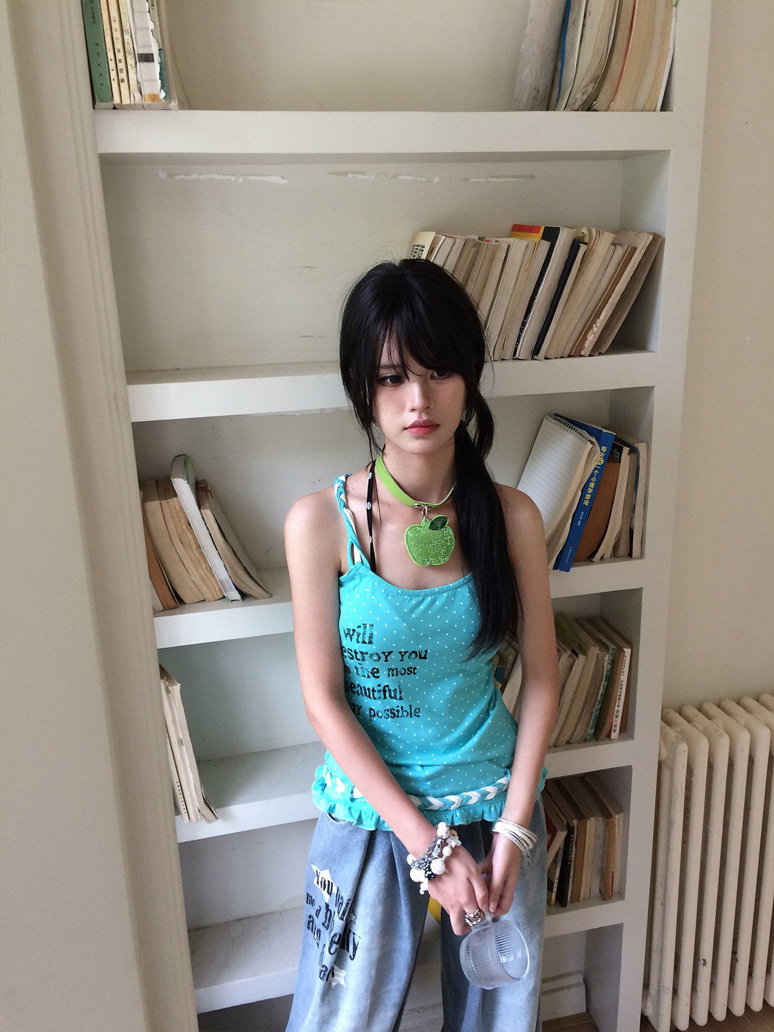 Aqua Polka Dot Braided Ruffle Tank Top