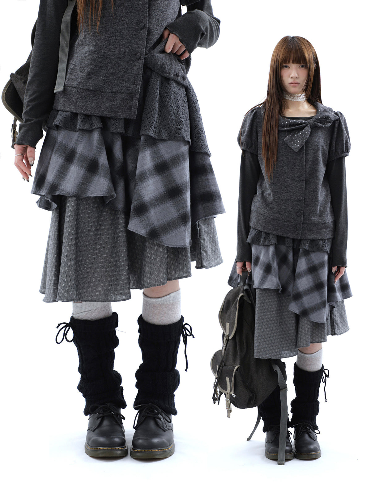 Asymmetric Plaid Layered Midi Skirt