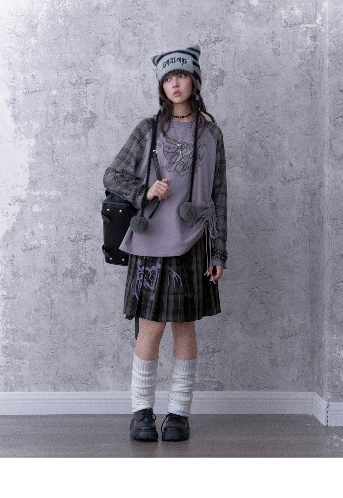 Double-Waist Graphic Plaid Pleated Midi Skirt