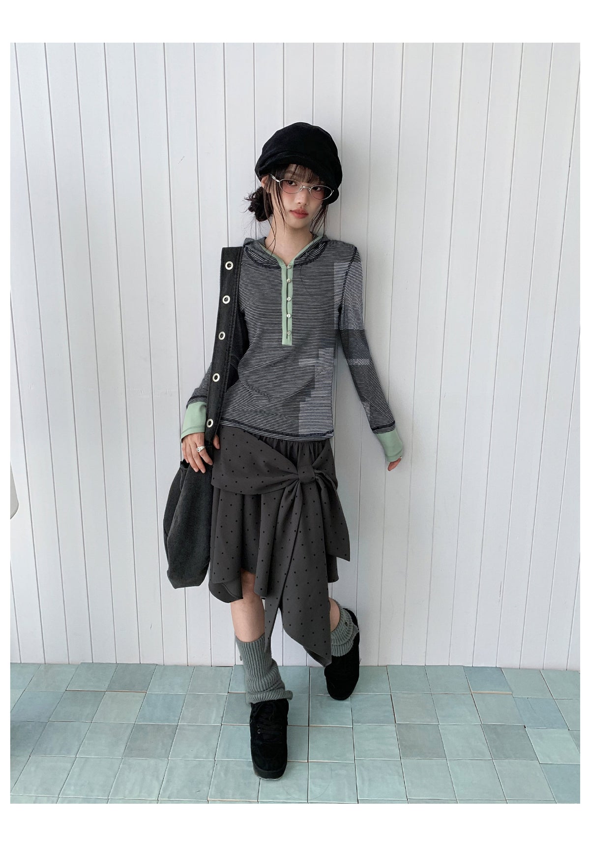 Blue-Gray Stripe Contrast Hooded Long Sleeve Top