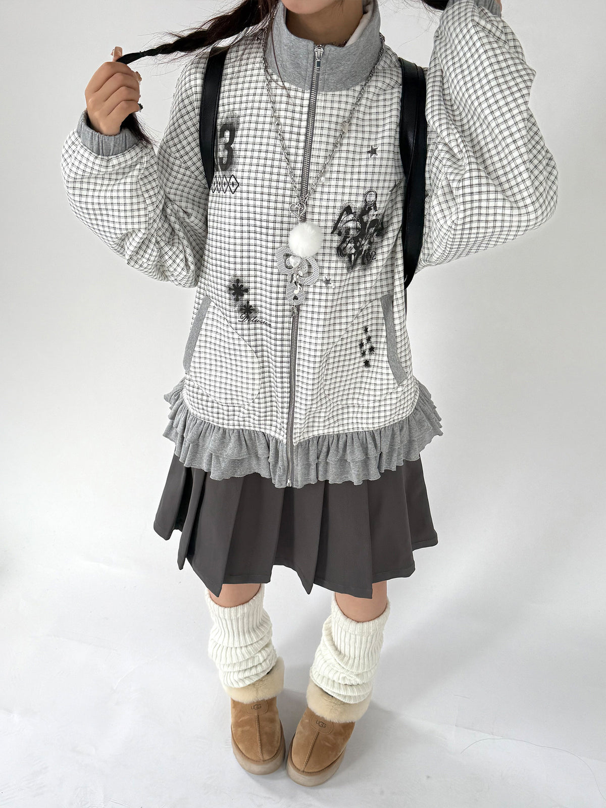 Sugar Check Graphic Ruffle-Hem Zip-Up Jacket
