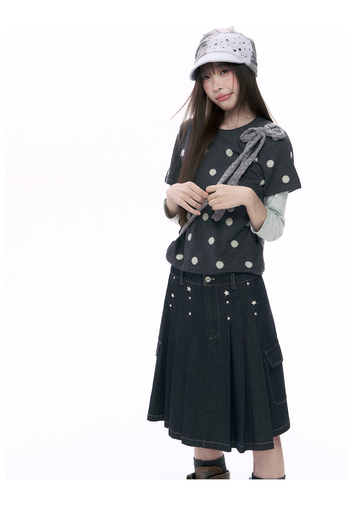 Embroidered Star Pleated Denim Midi Skirt
