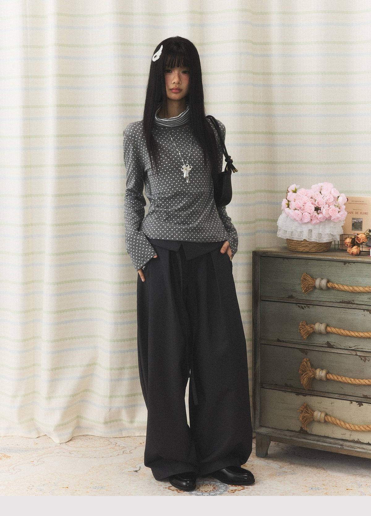 Foldover Tie Wide-Leg Trousers
