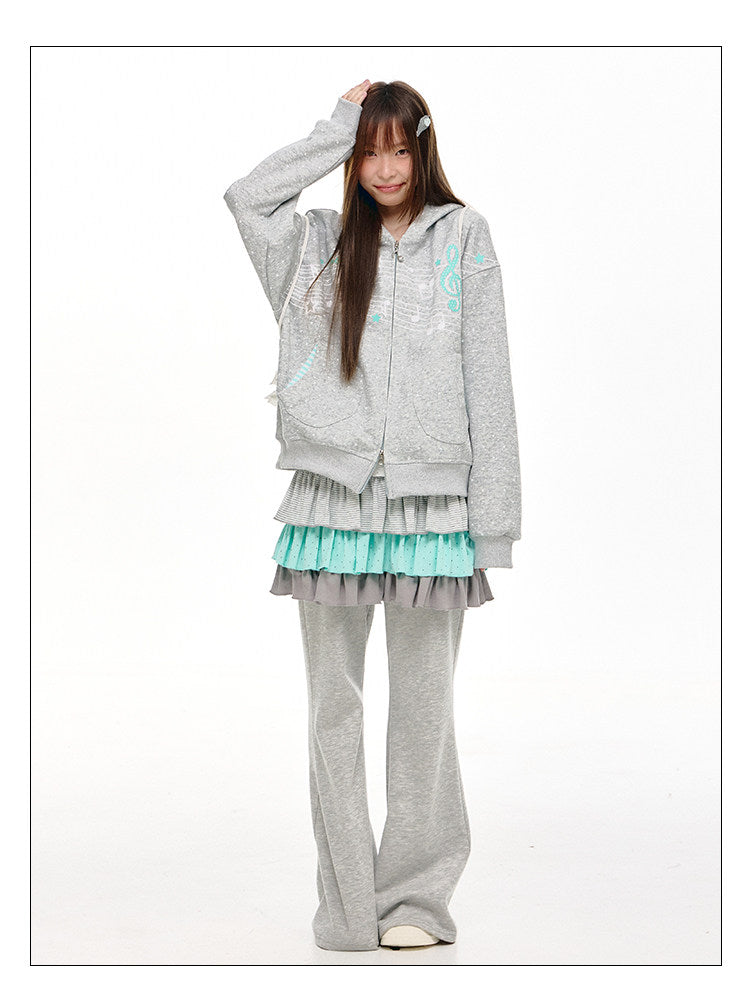 Gray Melody Polka Dot Graphic Zip Hoodie