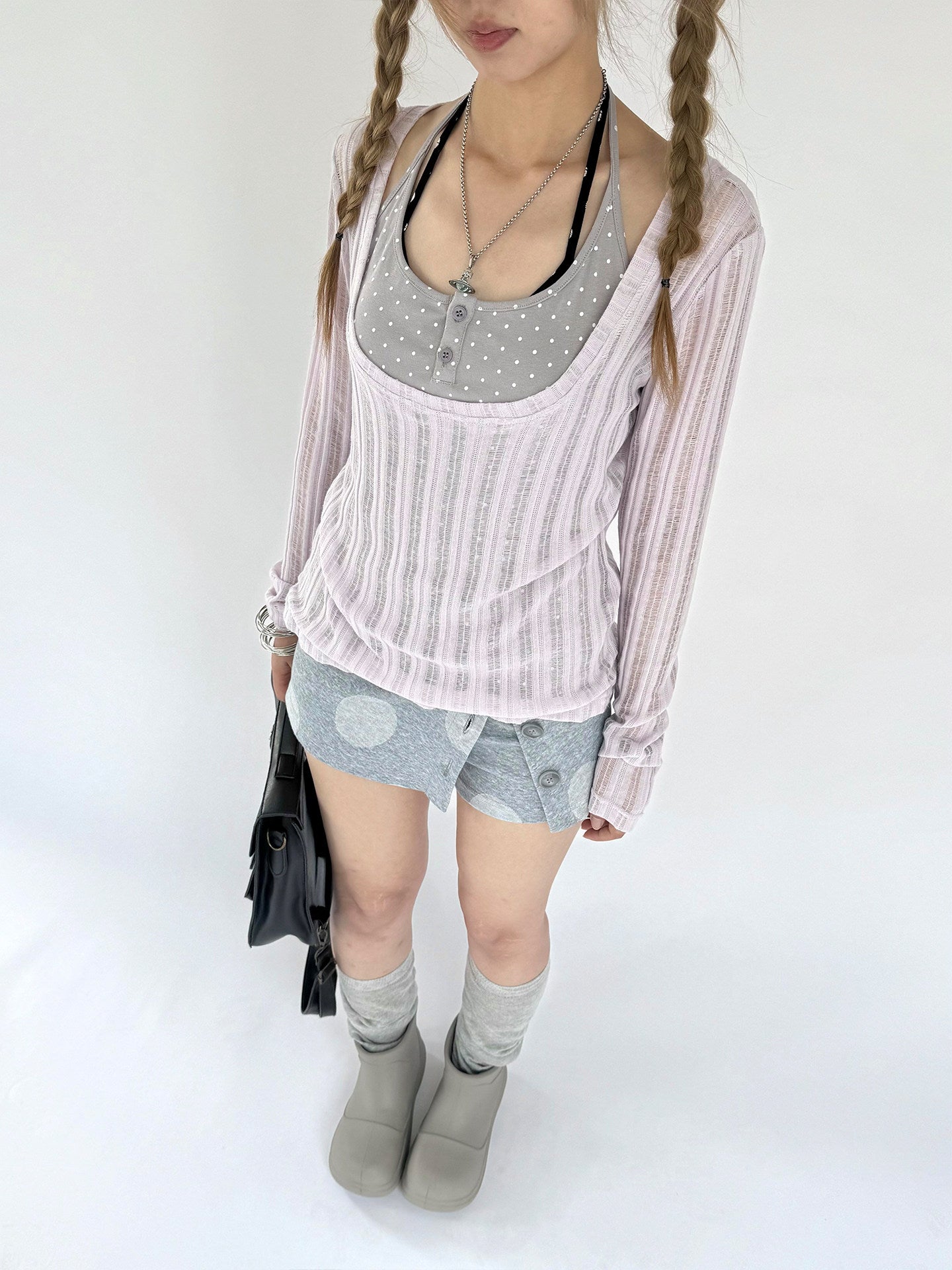 Wisteria Open-Knit Faux-Layer Long Sleeve Top