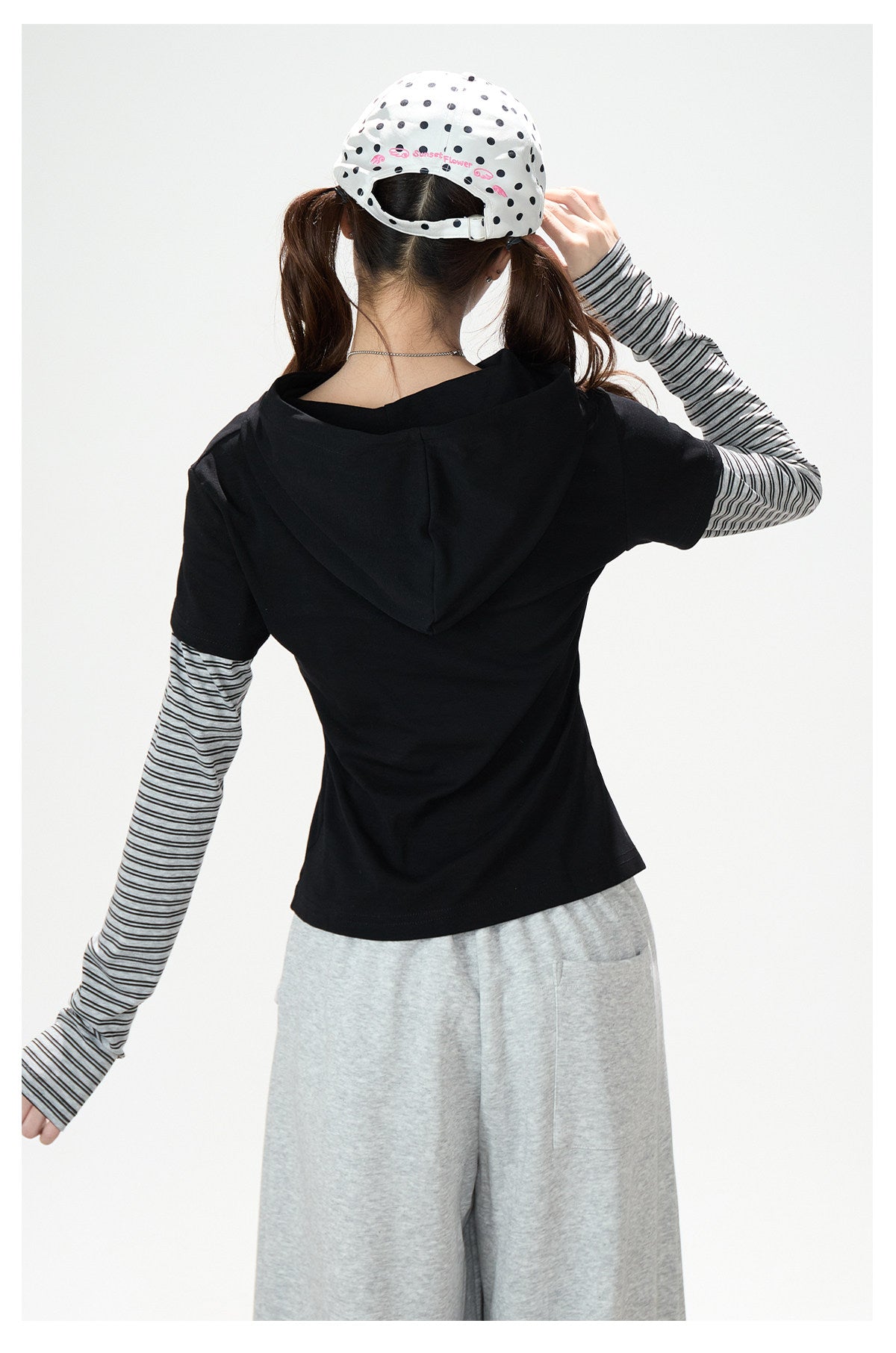 Music Note Star Layered Hoodie Top & Polka Dot Tie-Waist Wide-Leg Pants