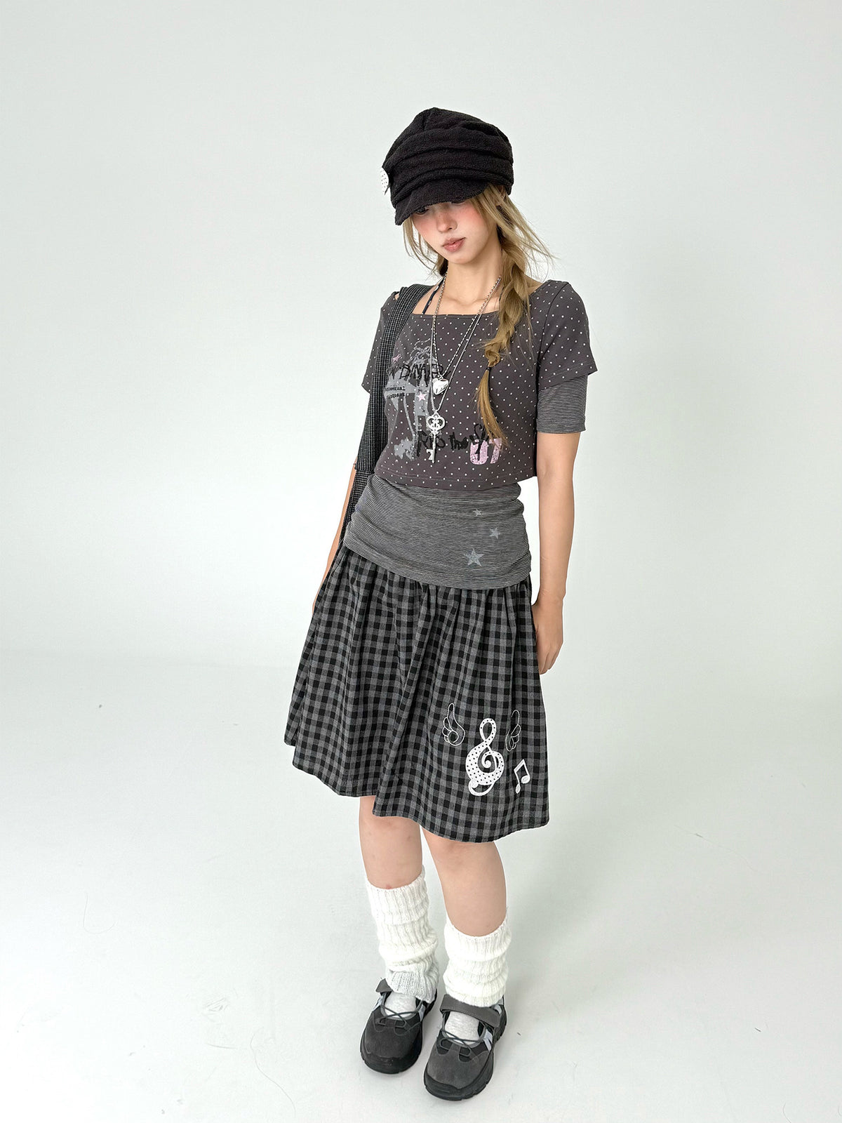 Pastel Anime Plaid Long Sleeve Top & Camo Lace-Trim Midi Skirt