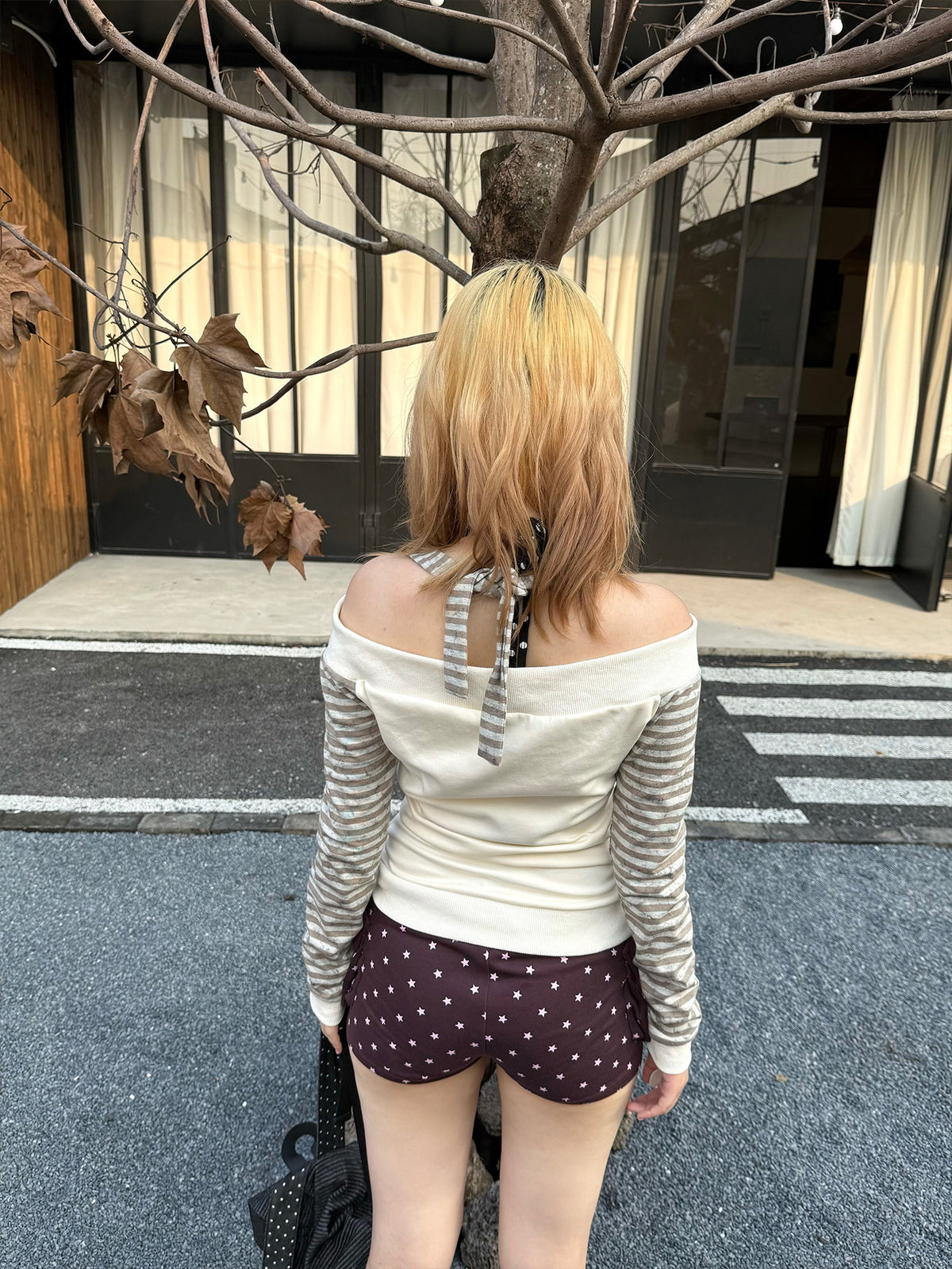 Ivory Off-Shoulder Stripe Zip-Up Long Sleeve Top