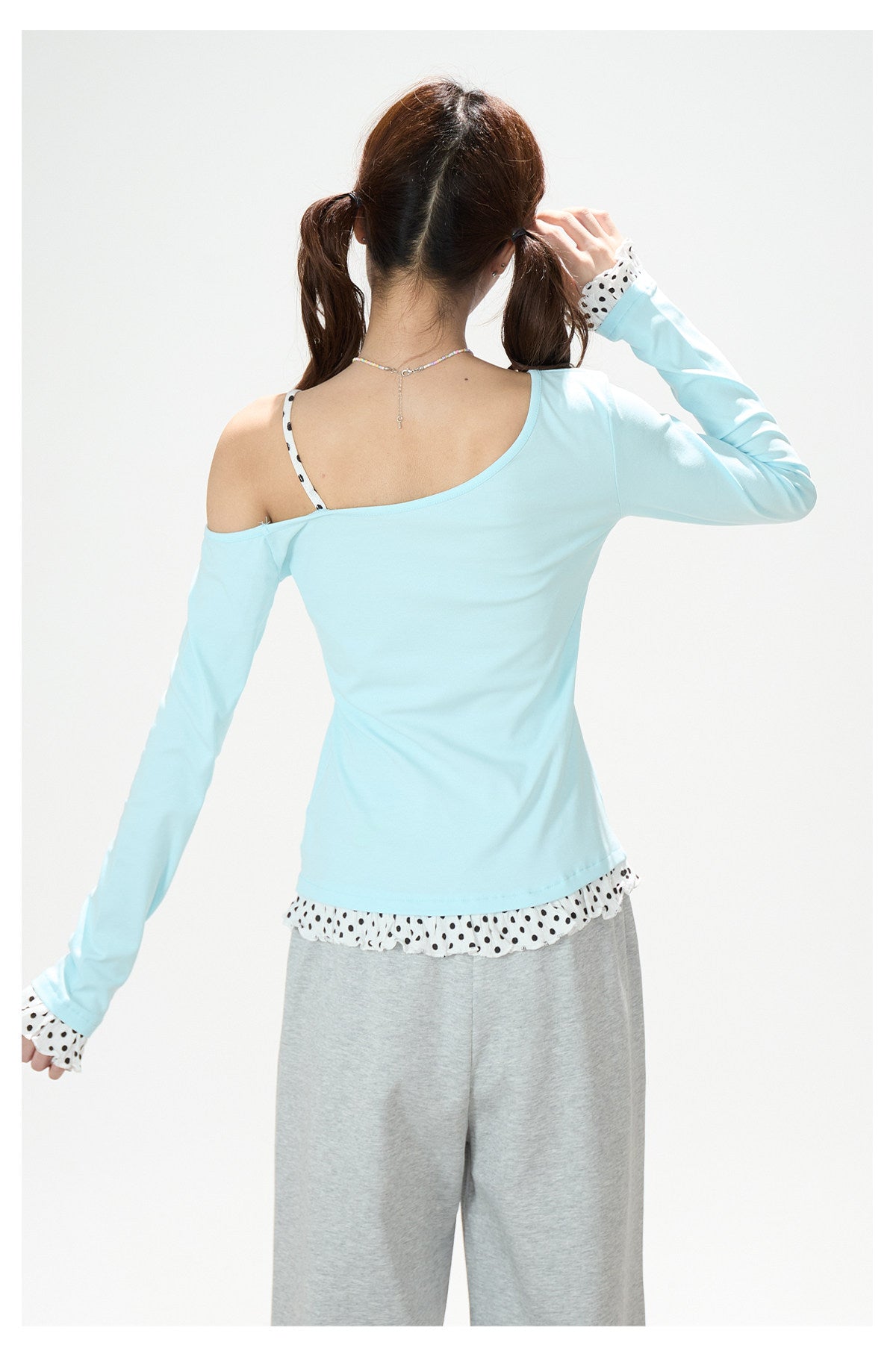 Dreamy Cartoon Off-Shoulder Layered Long Sleeve Top & Polka Dot Wide-Leg Pants