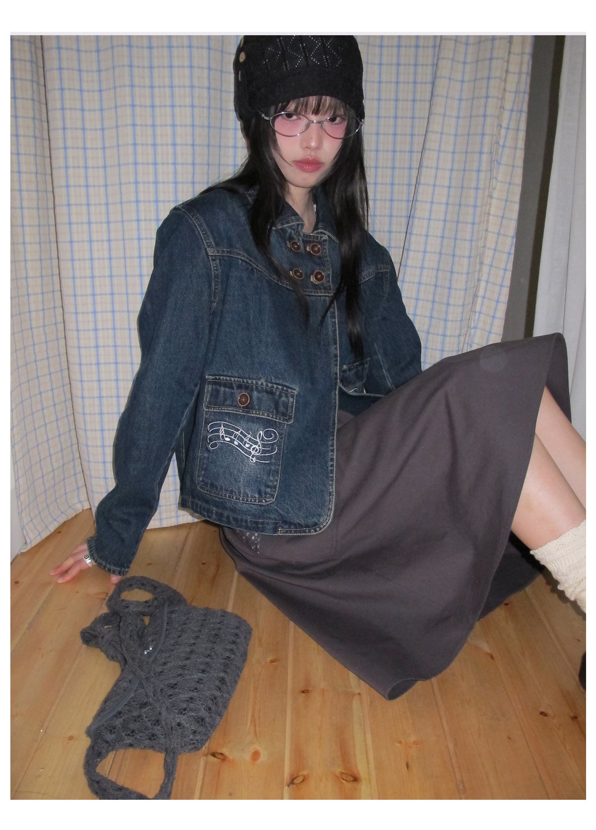 Washed Denim Music-Note Embroidered Jacket