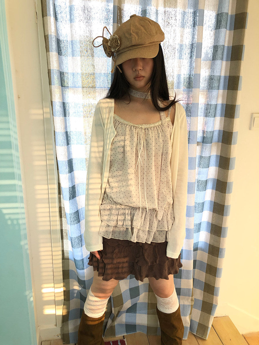 Polka Dot Ruffle Camisole & Cardigan Set with Scarf