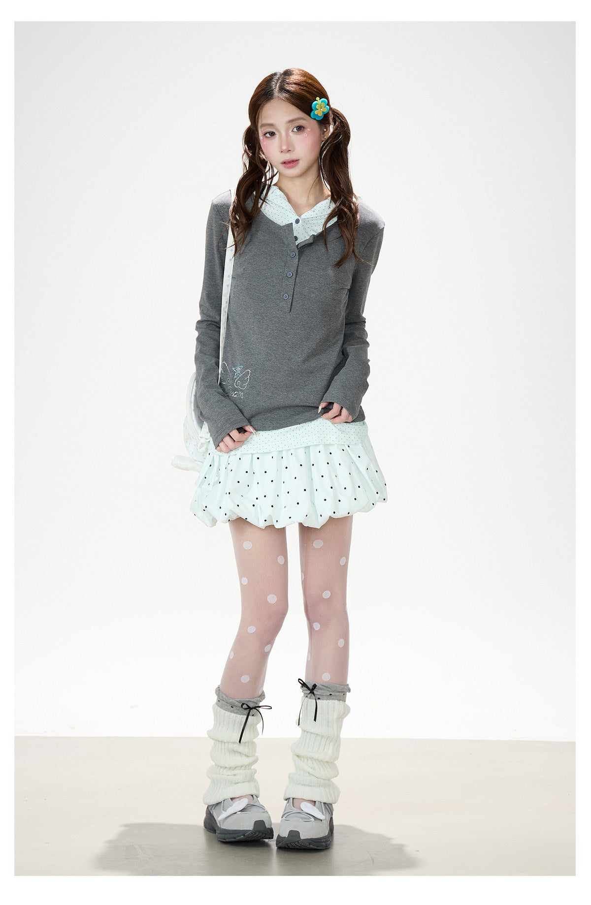 Polka Dot Layered Hooded Long Sleeve Top & Lace-Trim Bubble Mini Skirt
