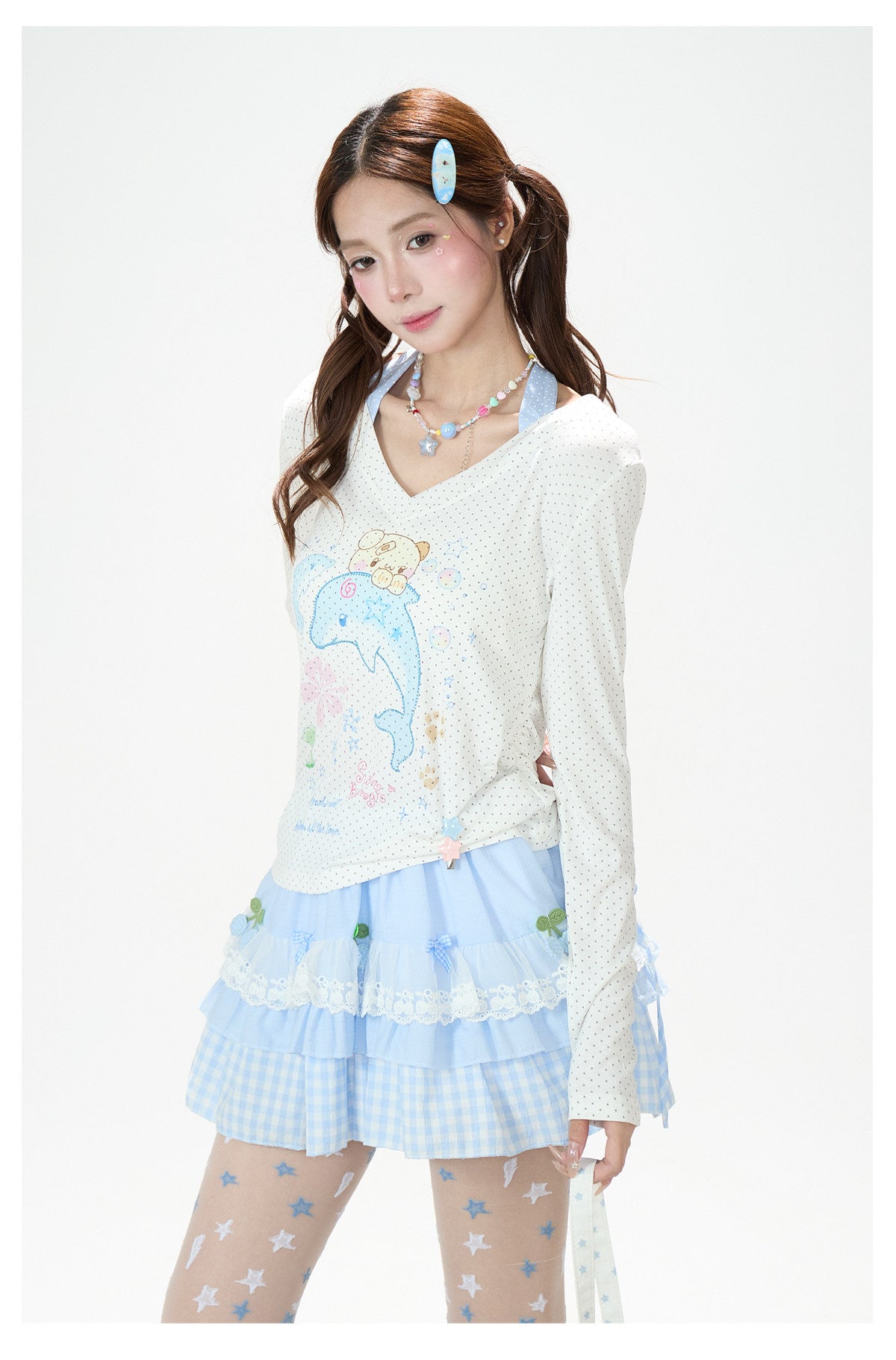 Dreamy Dolphin Polka-Dot V-Neck Long Sleeve Top & Gingham Ruffle Mini Skirt