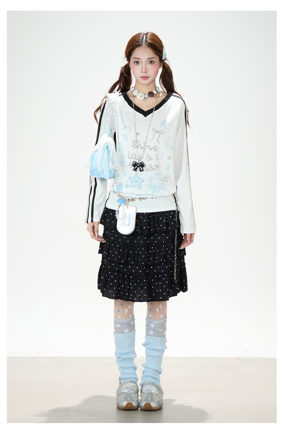 Dreamy Doodle V-Neck Long Sleeve Top & Polka Dot Tiered Ruffle Skirt