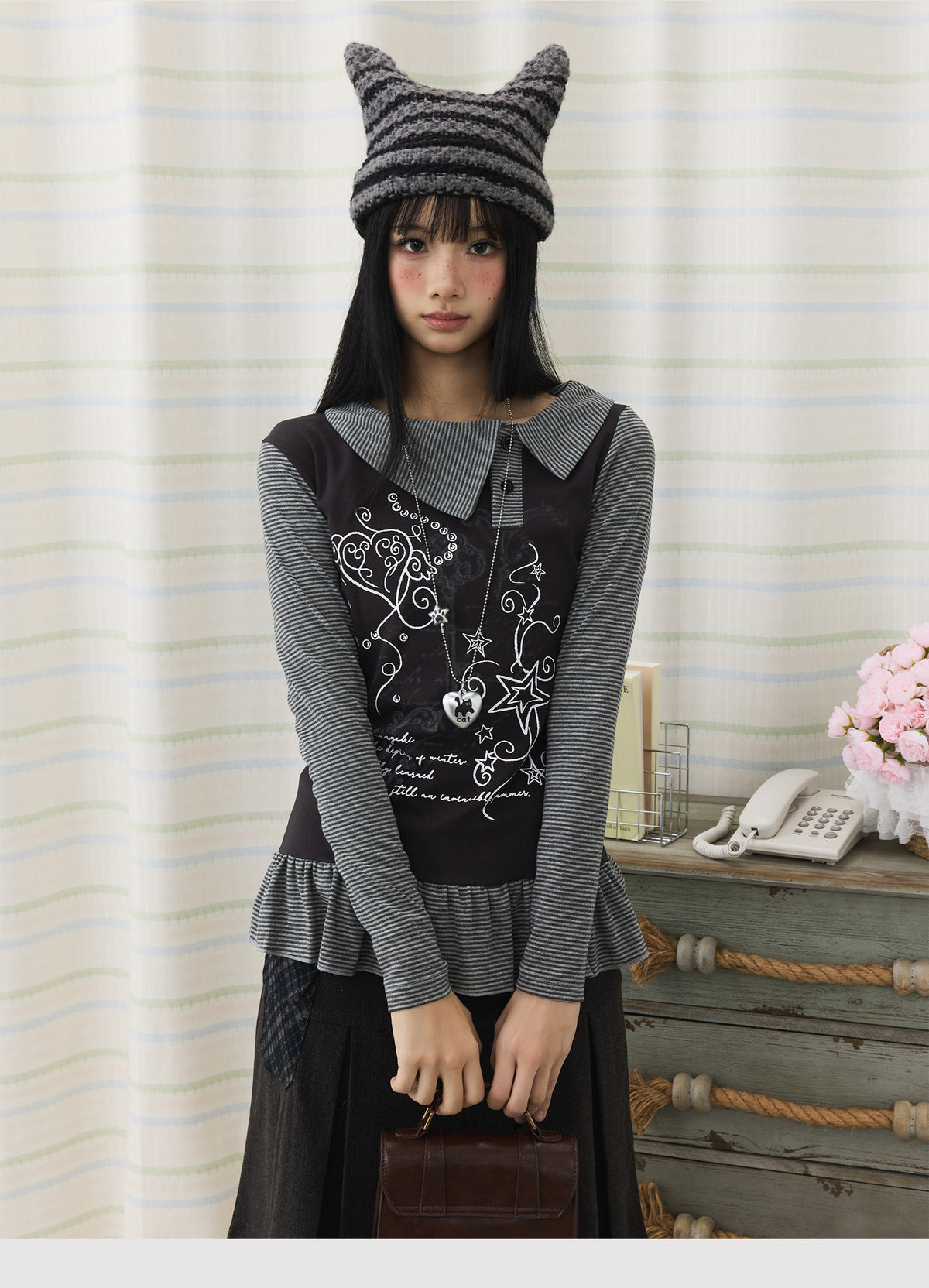 Graphic Stripe Faux-Layer Ruffle-Hem Long Sleeve Top