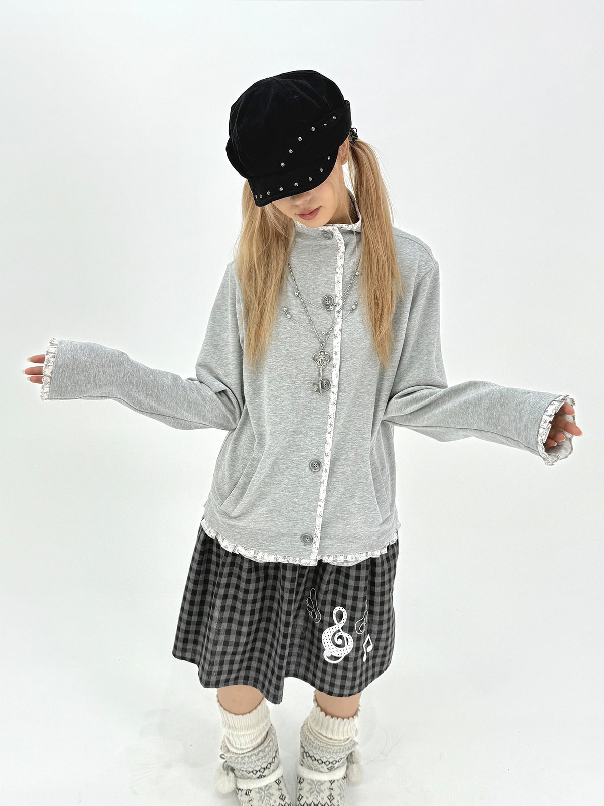 Floral-Trim Stand Collar Button Cardigan