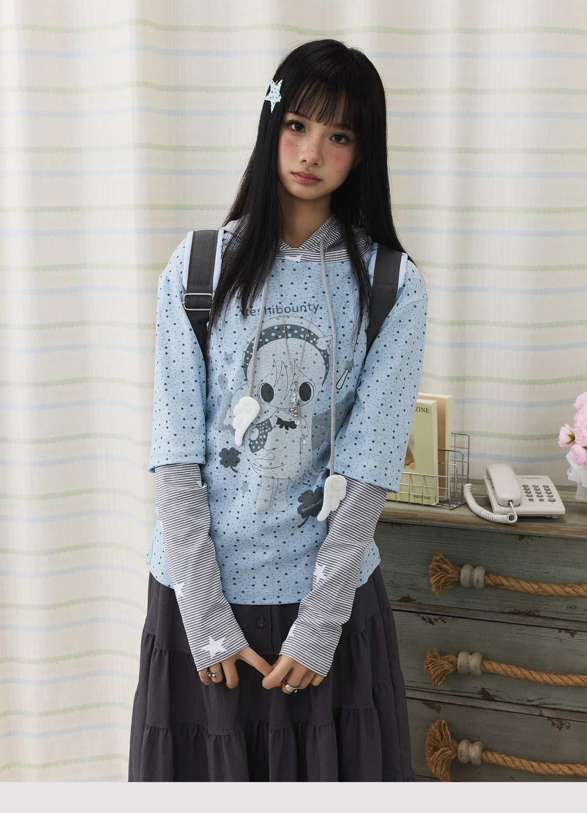 Cartoon Star Print Faux-Layer Hooded Top
