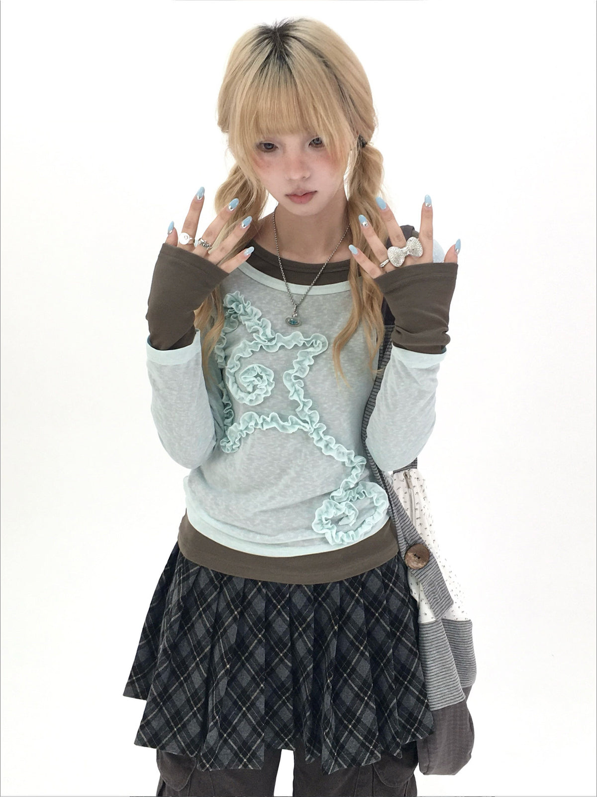 Mist Aqua Ruffle Star Faux-Layer Long Sleeve Top