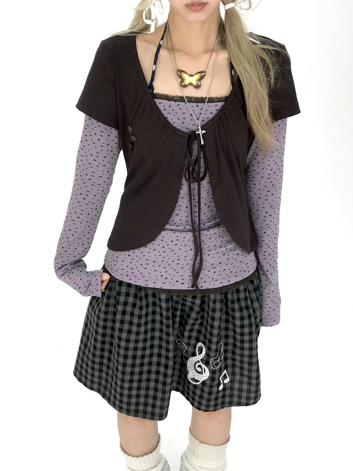 Striped Polka Dot Faux-Layered Button Long Sleeve Top