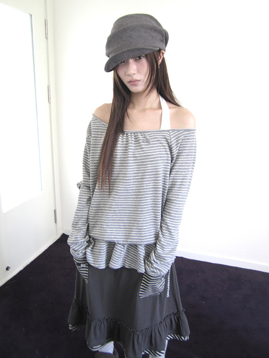 Striped Off-Shoulder Ruffle Layered Long Sleeve Top
