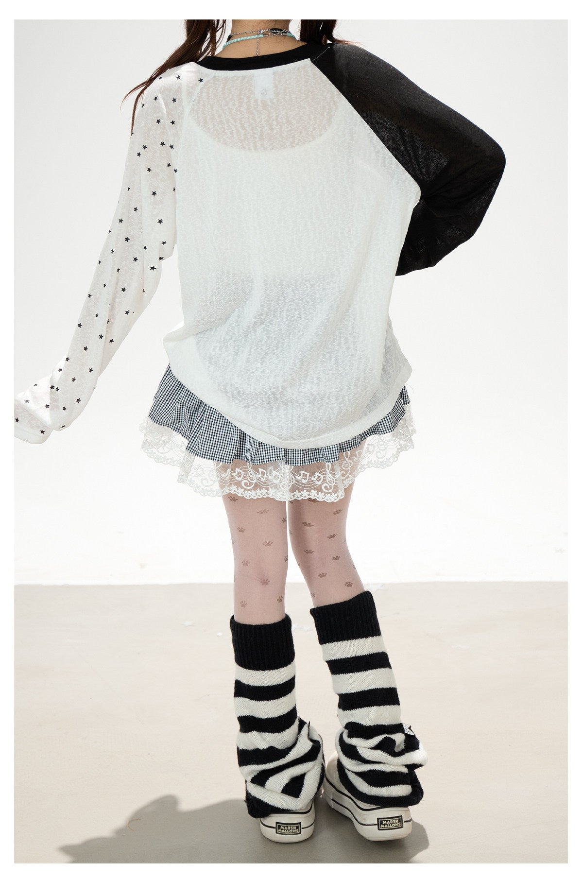 Cartoon Star Sheer Long Sleeve Top & Black Music Lace Gingham Mini Skirt