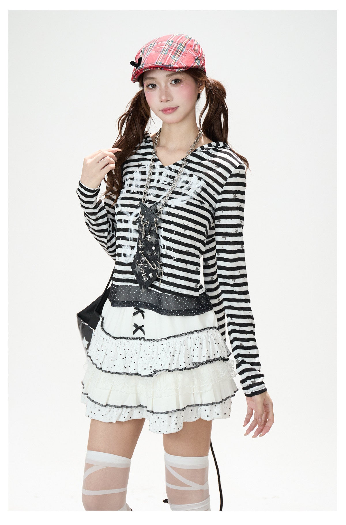Star Stripe Bunny-Ear Hooded V-Neck Long Sleeve Top