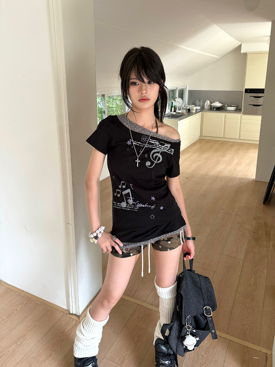 Asymmetric Music Note Faux-Layer Fitted Tee