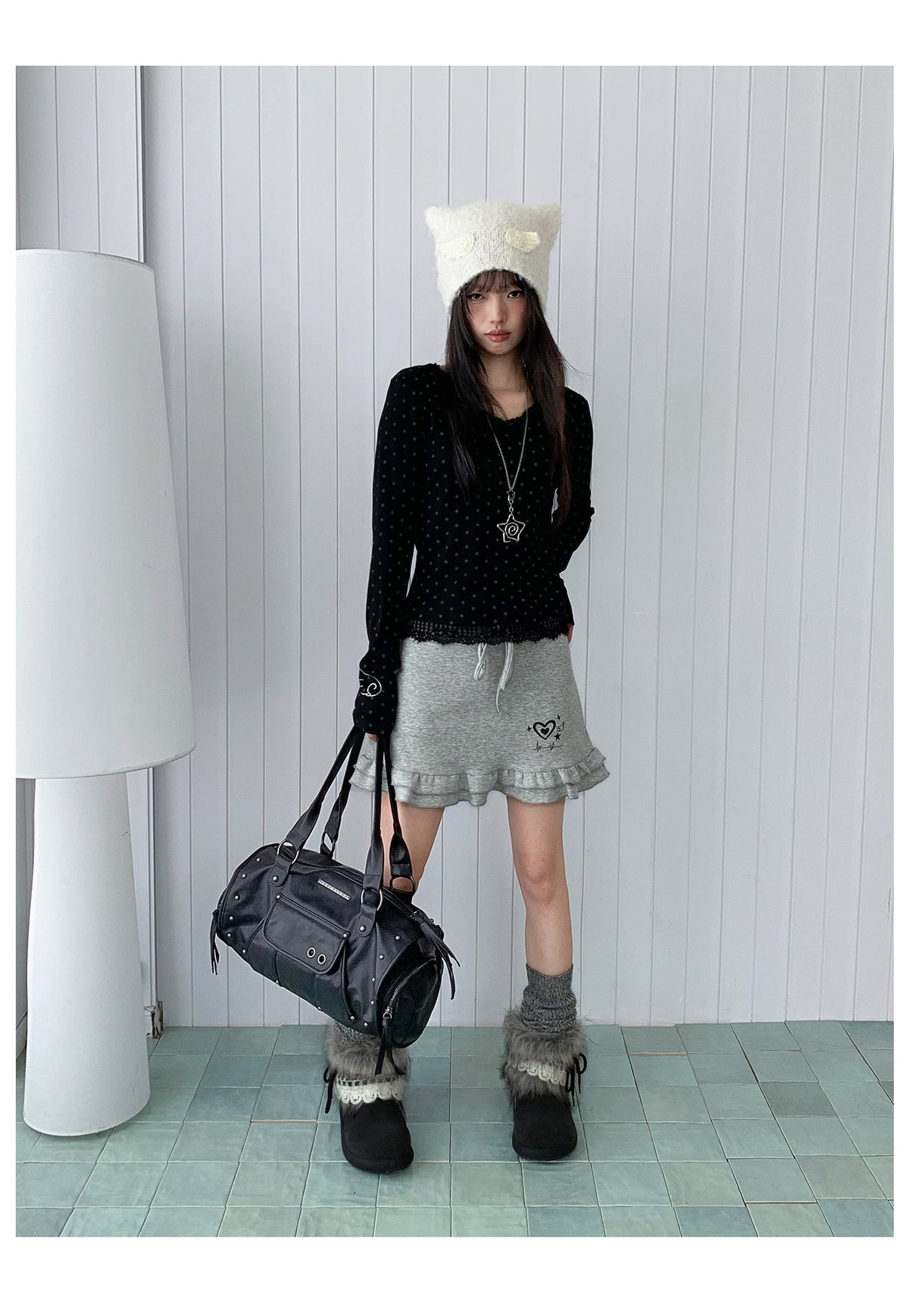 Heart Pulse Drawstring Ruffle Mini Skirt