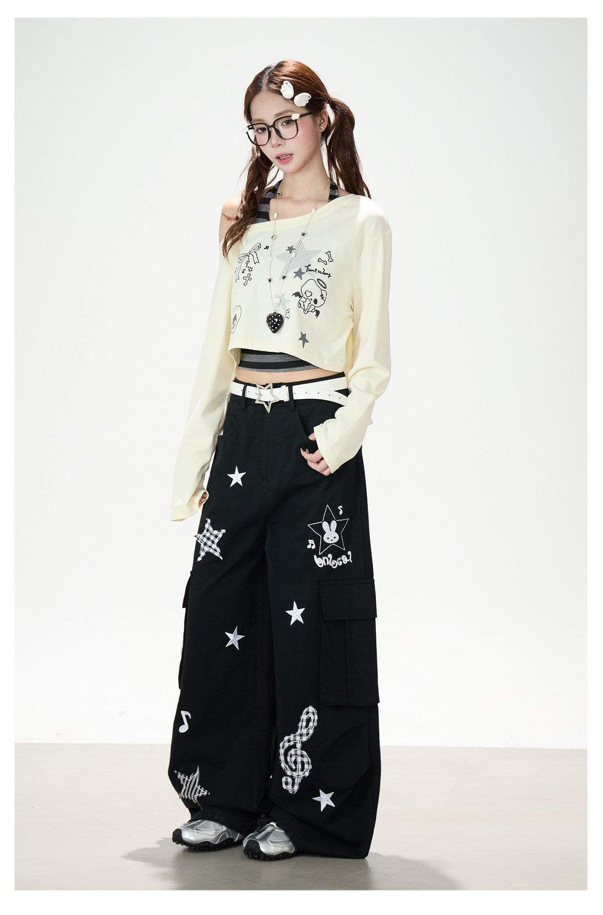 Cartoon Patch Embroidered Wide-Leg Cargo Pants