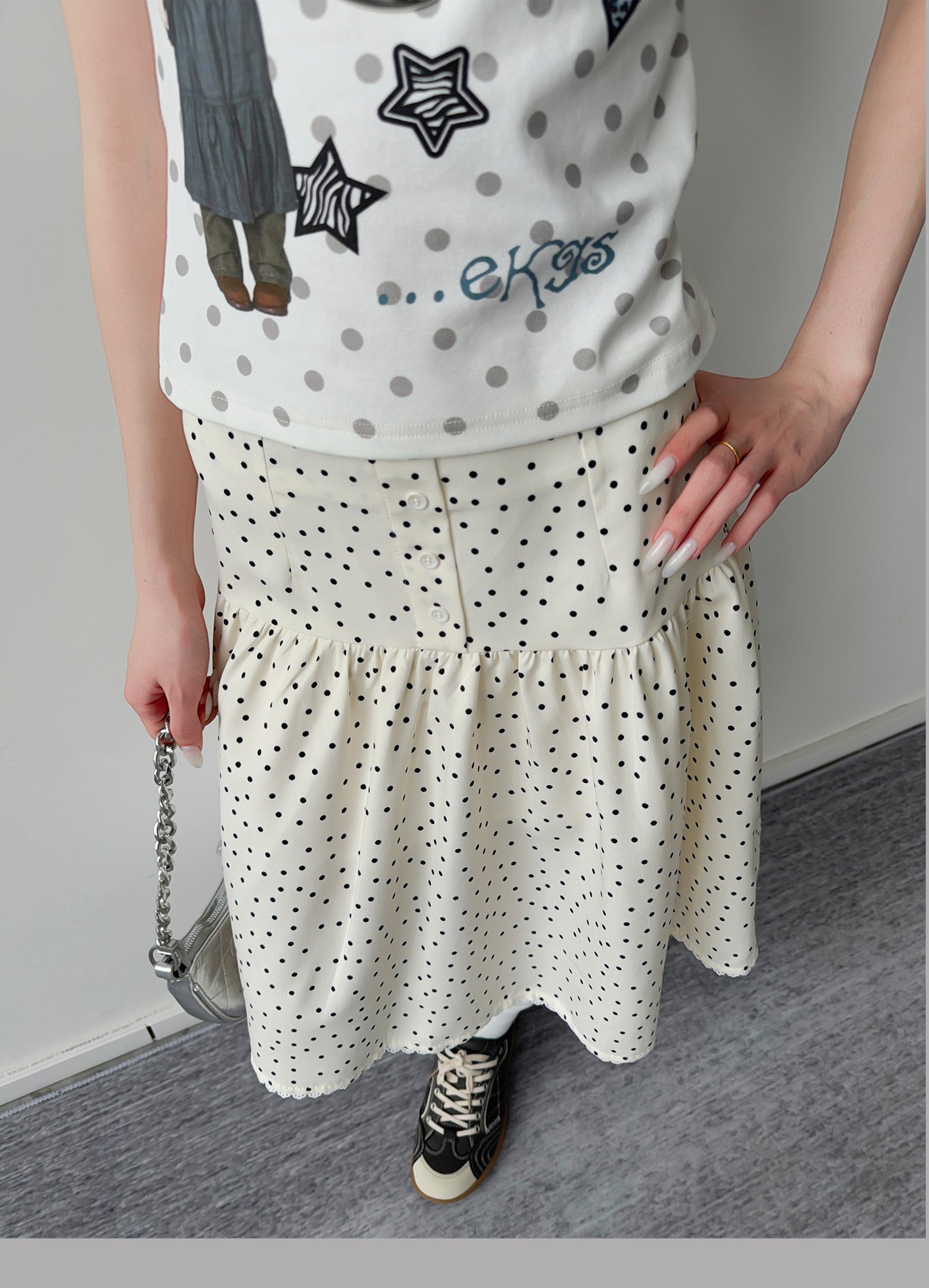 Polka Dot Button Tiered Midi Skirt