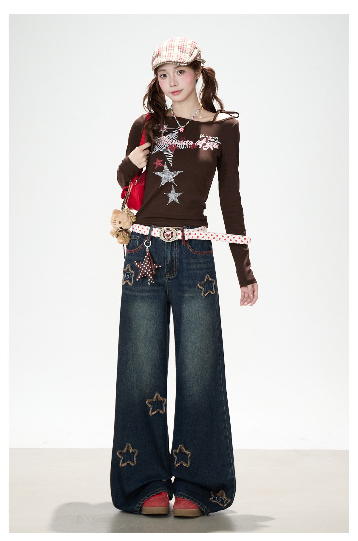 Frayed Star Patch Washed Wide-Leg Jeans