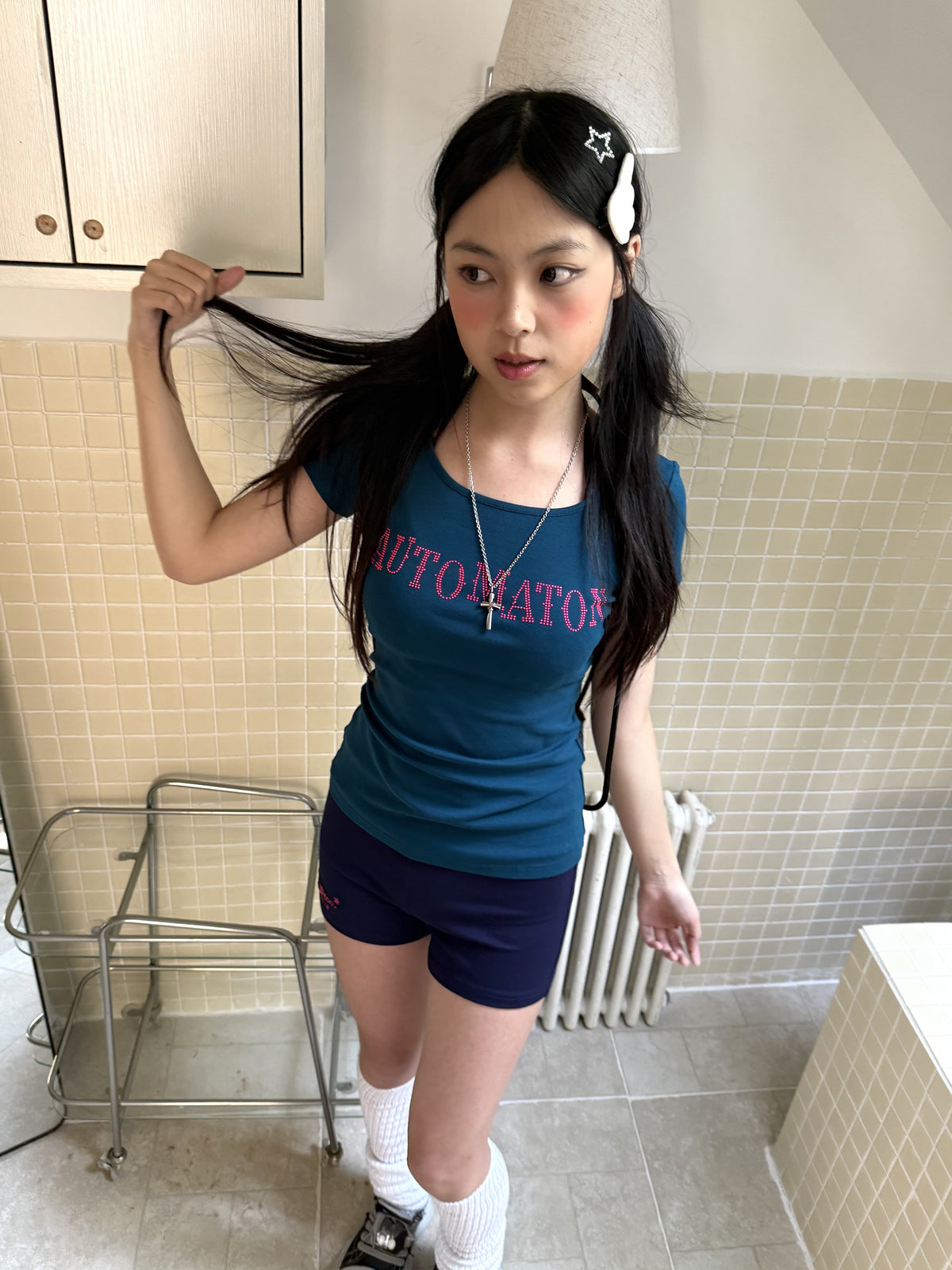 Dark Navy Rhinestone Letter Fitted Baby Tee