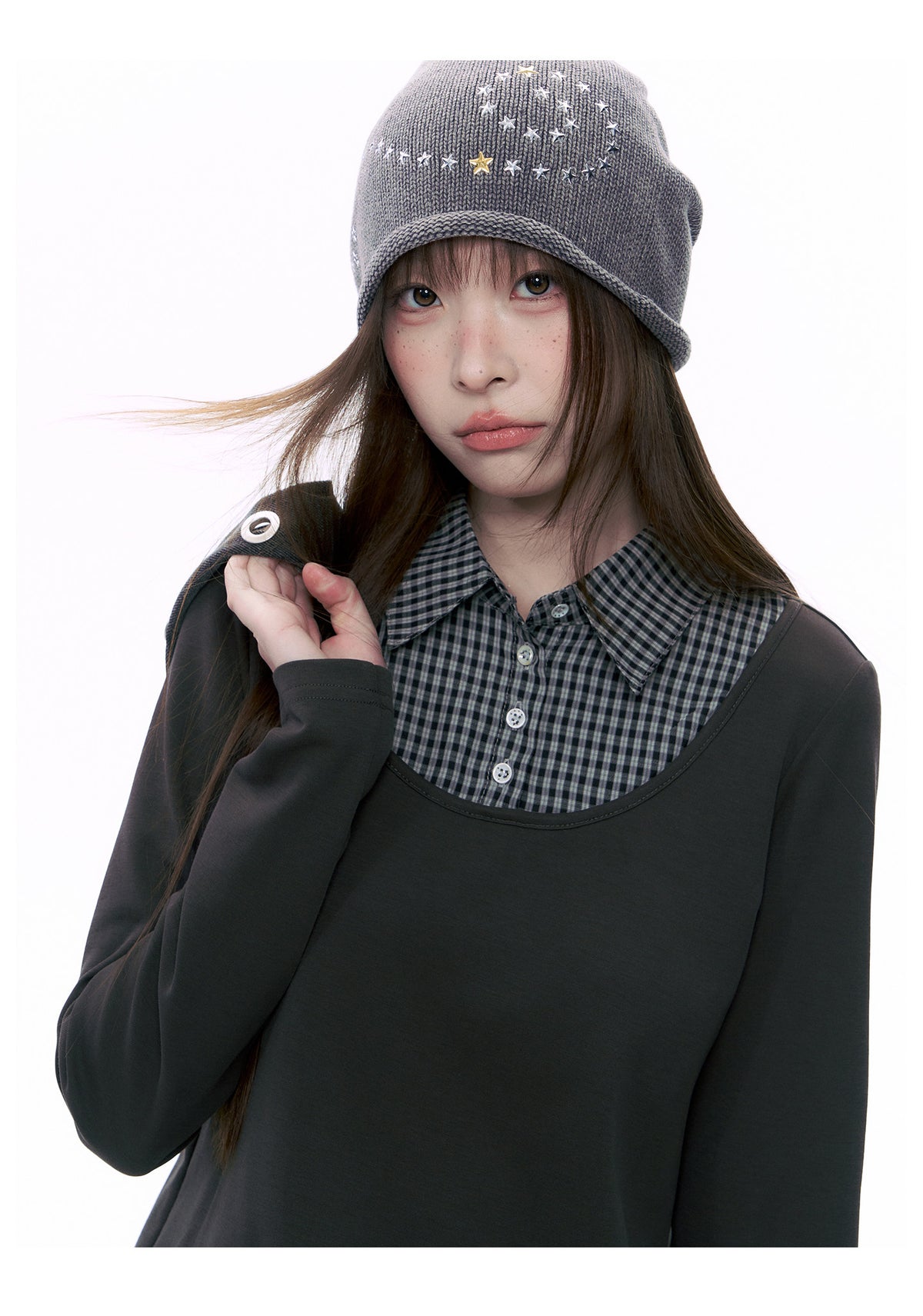 Plaid Collar Faux-Layer Long Sleeve Top